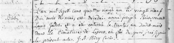 Acte de décès d'Anne Joseph Biot, veuve de Louis Jadot, paroisse Saint Wilmar de Lesve, 29 mai 1781