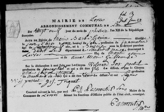 Acte de décès de Marie Barbe Genin, Lesve, 29 pluviôse an XII — née à Biesme, fille de Martin Genin et d'Anne Marie Guilleaume ; déclarée par son fils Wilmart Joseph Pochet