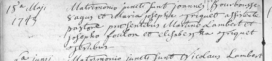Acte de mariage de Jean Bourbousse et de Marie Josèphe Friquet, paroisse de Lesve, 15 mai 1743