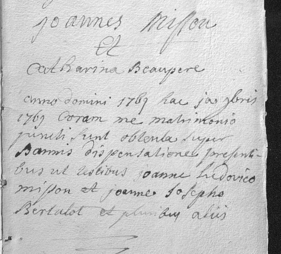 Acte de mariage de Jean Misson et de Catherine Beaupère, paroisse Saint-Barthélemy de Bioul, 1er novembre 1769 — dispense des bans ; témoins Jean Louis Misson et Jean Joseph Bertulot