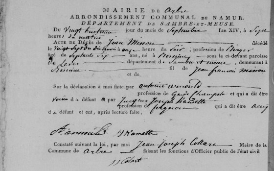 Acte de décès de Jean Misson, berger, septante-six ans, né et demeurant à Besinne, fils de Jean François Misson — Arbre, 28 septembre 1806 (décédé la veille)