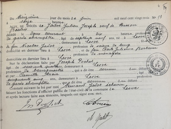 Acte de décès de Julien Joseph Jadot, Lesve, 13 juin 1923, n° 13 — photo du registre par Didier au guichet de Profondeville