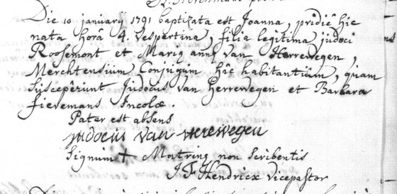 Acte de baptême, Merchtem, 10 janvier 1791, le double déposé au greffe