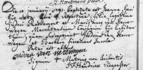 Acte de baptême, Merchtem, 10 janvier 1791, l'exemplaire de la paroisse