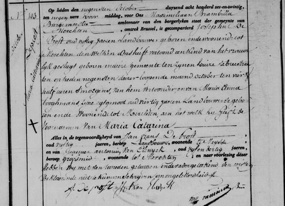 Acte de naissance de Maria Catharina De Proft, Merchtem, 9 octobre 1826, acte n° 103