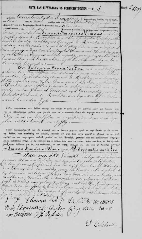 Acte mariage Thomas x De Leu n03 — 22 janvier 1851