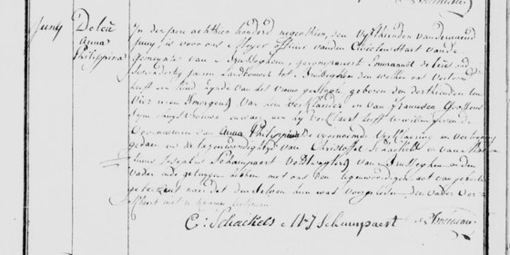 Acte de naissance d'Anna Philippina De Leu, Brussegem, 15 juin 1819 (née le 13)