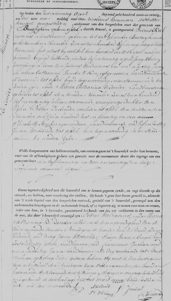 3 — Son acte de mariage, Brussegem, acte n° 1 de 1827.
