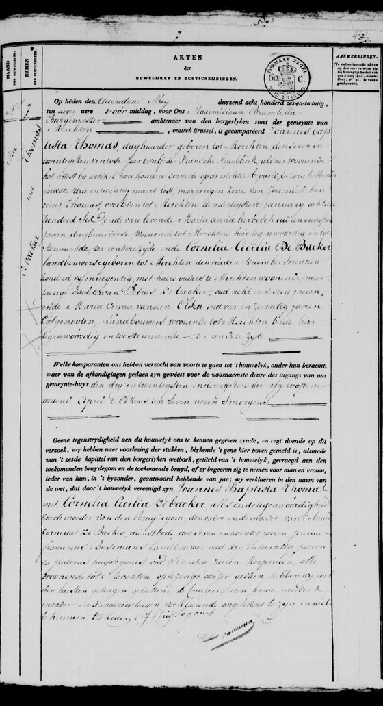 Acte de mariage, Merchtem, 10 mai 1826, page 7