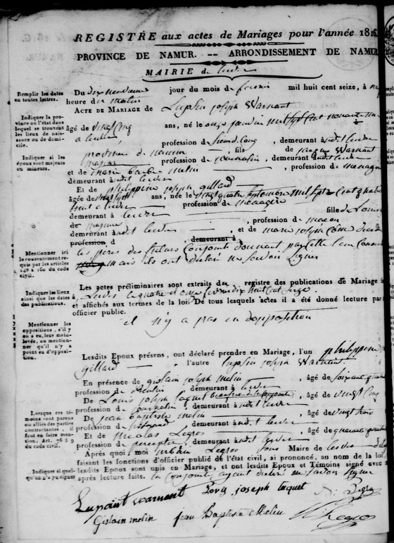 Son acte de mariage — Lesve, 19 février 1816