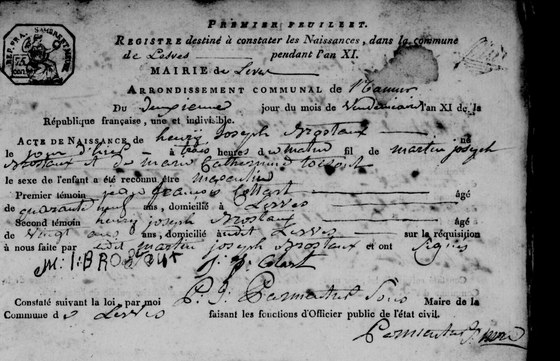 Son acte de naissance — Lesve, 2 vendémiaire an XI, premier acte du registre