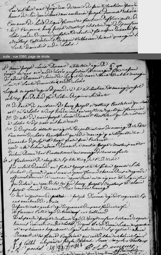 Son mariage avec Marie Louise Demanet, Lesve, 30 juin 1821 — les comparants et leurs parents ; puis les actes de naissance lus, le consentement des pères, les témoins et les signatures ; les deux pages mises bout à bout
