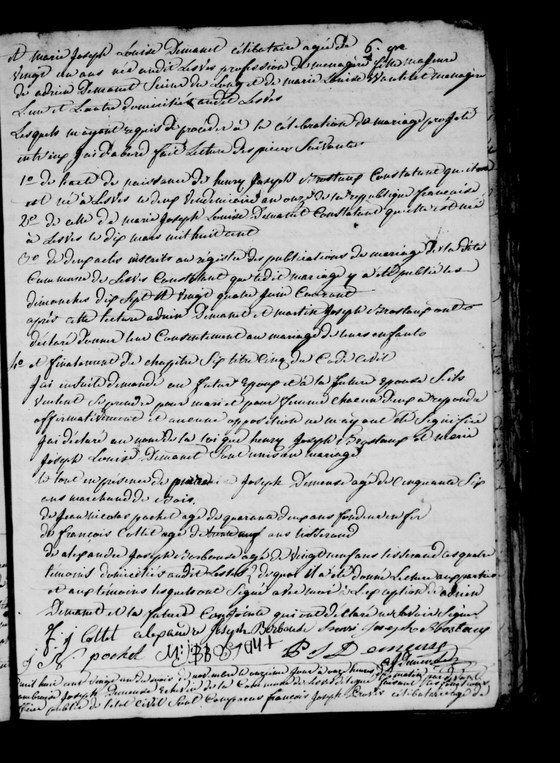 La suite du même acte : les actes de naissance lus, le consentement des pères, les témoins et les signatures