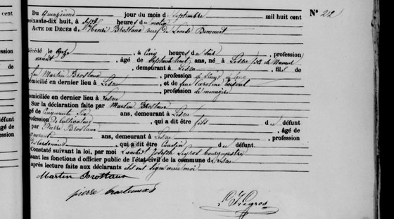 Son acte de décès, Lesve, 15 septembre 1878