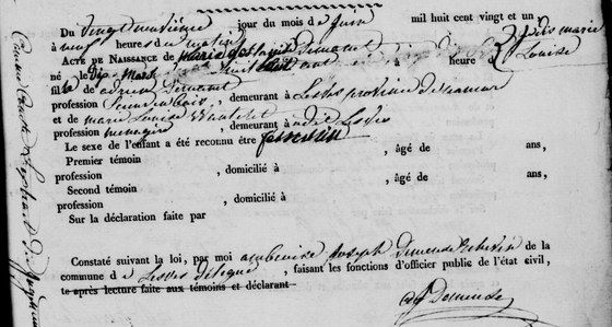 Son acte de naissance — dressé à Lesve le 29 juin 1821, vingt et un ans après les faits, sur jugement du tribunal (1)
