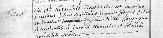 Son acte de baptême — Lesve, 19 novembre 1778, en latin : il nomme ses deux parents et confirme le prénom de sa mère par une rature du curé
