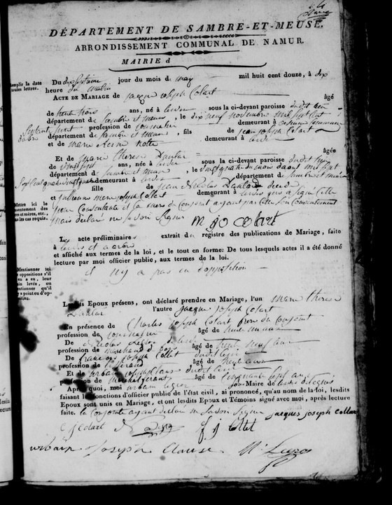 Son acte de mariage — Lesve, 17 mai 1812 : il y donne sa date de naissance au jour, ses deux parents, ceux de son épouse, et un frère témoin