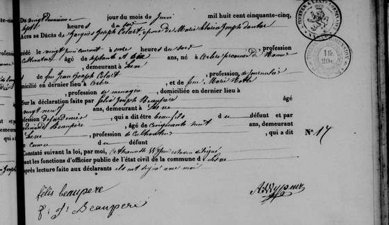 Son acte de décès — Lesve, 22 juin 1855 : son gendre de quatre mois le déclare, l'acte le dit cultivateur et lui donne septante et six ans