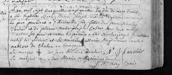 Son acte de baptême — Lesve, 10 août 1784 : il la date au jour, nomme ses parents, les dit natifs d'Arbre, et fait venir la marraine de Bourgogne