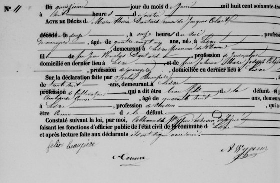 Son acte de décès — Lesve, 15 juin 1863 : veuve de Jacques Colart, déclarée par son gendre, l'acte écrit son nom avec un D