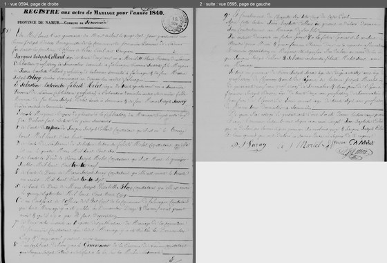 Acte de mariage de Jacques Joseph Collard et de Sélestine Antoinette Félicité Melot, Sommière, 27 avril 1840, premier acte du registre — les époux et leurs parents, les pièces lues ; puis le consentement, les témoins et les signatures ; les deux pages côte à côte