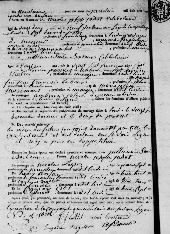 Acte mariage — 9 janvier 1820
