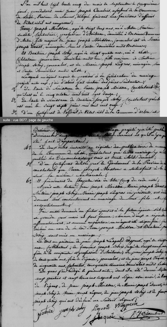 Acte de mariage de Pierre Joseph Misson et de Béatrice Joseph Sohy, Lesve, 5 septembre 1835 — les époux et leurs parents, les pièces lues ; puis les consentements, les témoins et les signatures ; les deux pages mises bout à bout