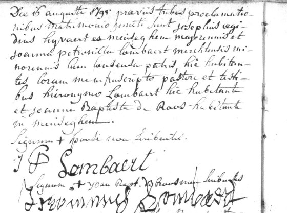 Acte de mariage de Josephus Heyvaert et de Joanna Petronella Lombaert, Merchtem, 16 août 1795