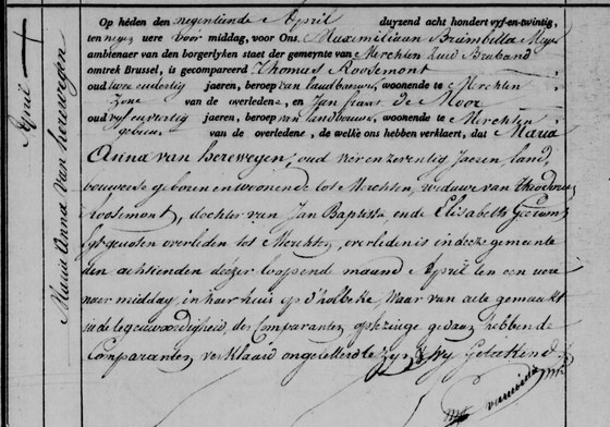 Acte de décès de Maria Anna Van Herrewegen, veuve de Judocus Roosemont, Merchtem, 19 avril 1825 (décédée le 18), acte n° 35