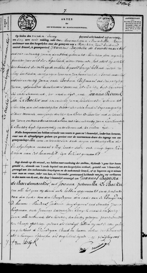 Acte de mariage d'une fille, Merchtem, 4 juin 1825, page 7