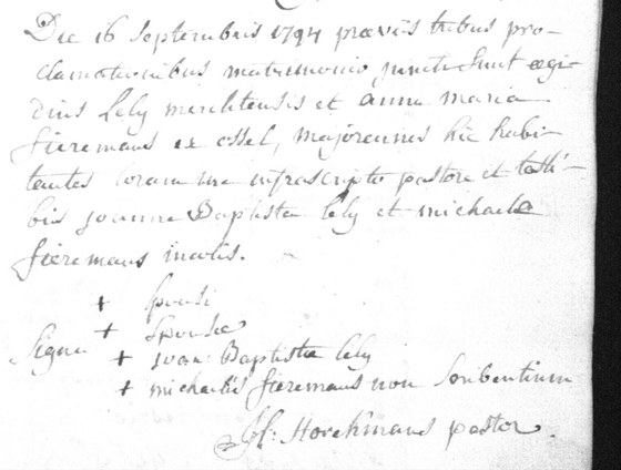 Acte de mariage d'Egidius Lely et d'Anne Marie Fiermans, Merchtem, 16 septembre 1794