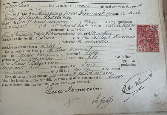 Son acte de décès — Lesve, 30 mars 1926, n° 10 (photo du registre, guichet de Profondeville)