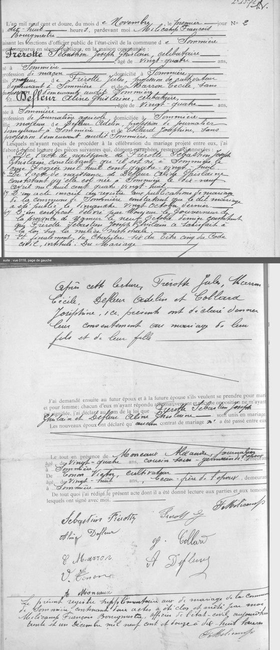 Acte de mariage de Sébastien Joseph Ghislain Frérotte et d'Aline Ghislaine Defleur, Sommière, 1ᵉʳ novembre 1912, n° 2 du registre supplémentaire — les époux et leurs parents, les pièces lues ; puis les consentements, les témoins, les neuf signatures et la clôture du registre supplémentaire ; les deux pages l'une sous l'autre