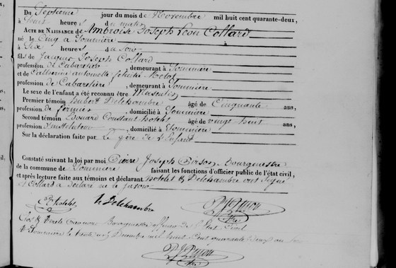 Acte de naissance d'Ambroise Joseph Léon Collard, Sommière, 7 novembre 1842 — né le 5, fils de Jacques Joseph Collard, cabaretier, et de Catherine Antoinette Félicité Melot, cabaretière ; le père déclare et ne sait signer
