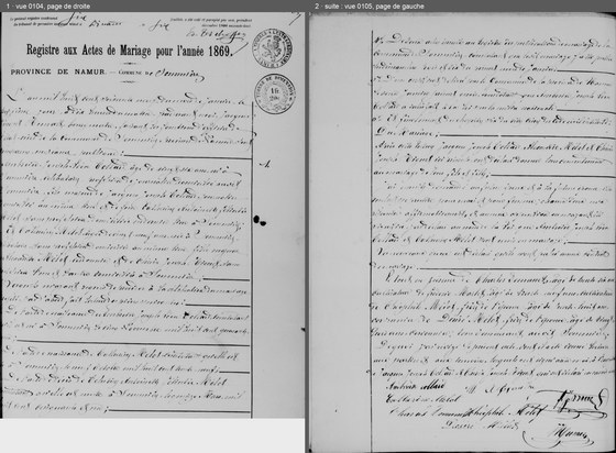 Acte de mariage d'Ambroise Joseph Léon Collard et de Catherine Melot, Sommière, 13 janvier 1869 — les époux, leurs parents et les pièces lues ; puis le consentement, les témoins et les signatures ; les deux pages côte à côte