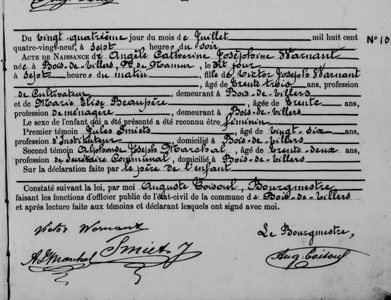 Son acte de naissance — Bois-de-Villers, 24 juillet 1889, acte n° 10