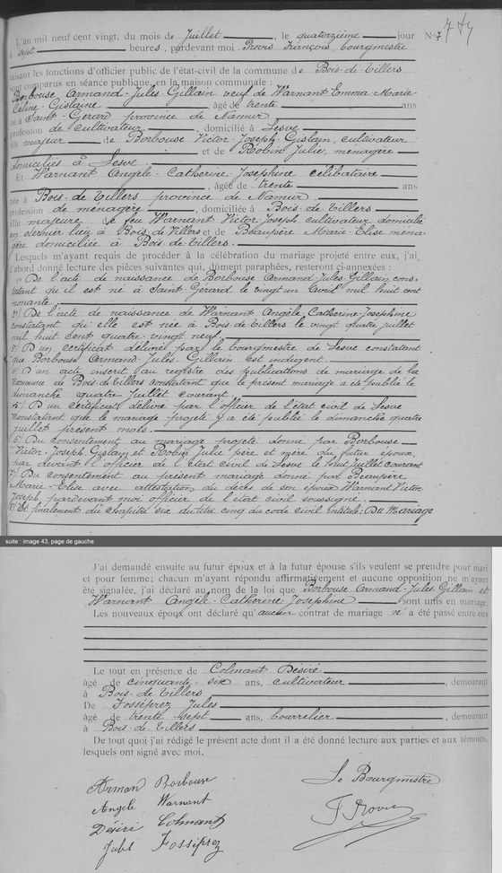 Acte de mariage d'Armand Jules Gillain Borbouse et d'Angèle Catherine Joséphine Warnant, Bois-de-Villers, 14 juillet 1920, n° 7 — les époux et leurs parents, les huit pièces lues ; puis la célébration, les témoins et les signatures ; les pages mises bout à bout