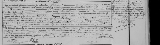 0 — Son acte de naissance, Merchtem, acte n° 23 de 1890, avec sa mention marginale de légitimation.