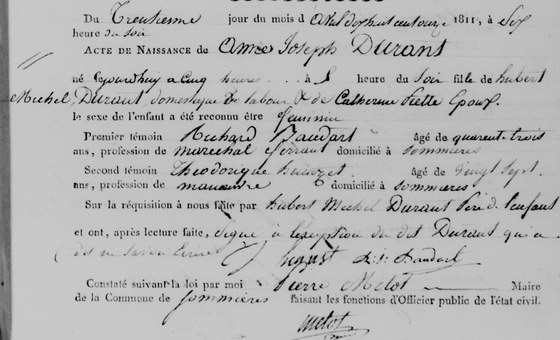 Acte de naissance d'Anne Joseph Durant, Sommière, 30 avril 1811 — née le jour même, fille d'Hubert Michel Durant, domestique de labour, et de Catherine Piette ; le père déclare et ne sait écrire