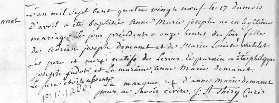 Acte de baptême d'Anne Marie Joseph Demanet, paroisse de Lesve, 17 avril 1789 (née le 16)