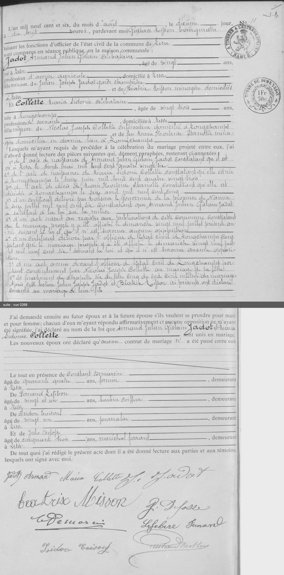 Son premier mariage, acte n° 11 : AGATHA 191490, vue 0267 recollée avec la fin, vue 0268