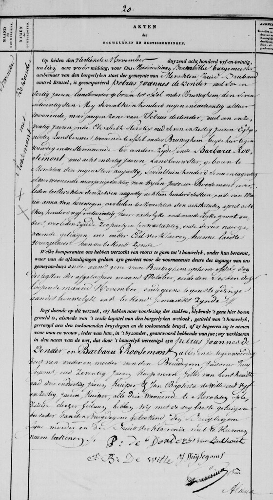 Acte de mariage de Petrus Joannes De Donder et de Barbara Roosemont, Merchtem, 14 novembre 1825, acte n° 20