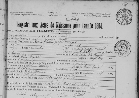 Son acte de naissance — Lesve, 14 janvier 1884, acte n° 1