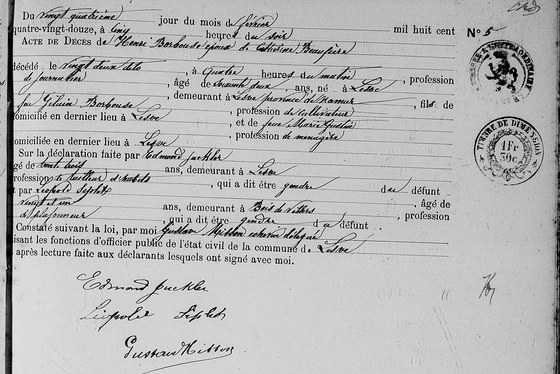 L'acte de décès de son mari — Lesve, 24 février 1892 : ses parents à lui, et deux gendres