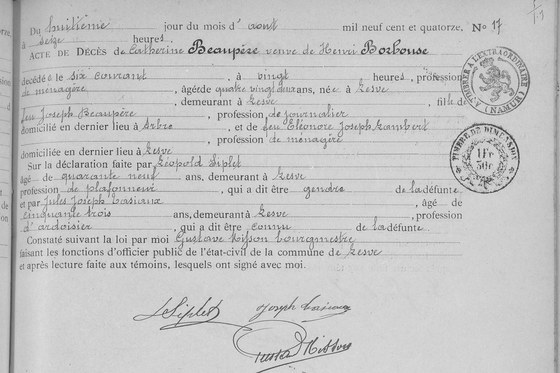 Son acte de décès — Lesve, 8 août 1914 : il nomme ses deux parents avec leurs derniers domiciles, et son gendre