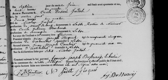Acte de naissance de Cécile Désirée Jadot, Lesve, 7 juin 1841 ;au natif
