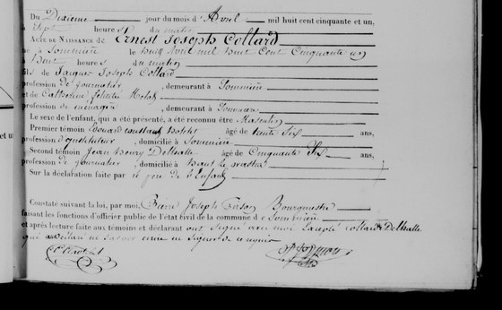 Acte de naissance d'Ernest Joseph Collard, Sommière, 10 avril 1851 — né le 8, fils de Jacques Joseph Collard, journalier, et de Catherine Félicité Melot, ménagère ; le père déclare et ne sait signer