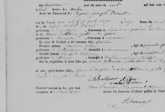 Acte de naissance d'Eugénie Joseph Durant, Sommière, 3 août 1820 — née le 30 mai, fille d'Hubert Michel Durant, domestique, et de Marie Catherine Piette ; déclarée par sa mère, deux mois après