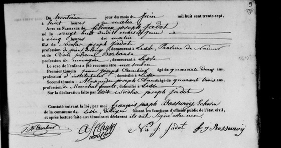 Acte de naissance de Félicien Joseph Jadot, Lesve, 30 juin 1837 — né le 28 ;au natif