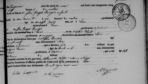 Son acte de décès — Lesve, 5 mai 1855 : son père le déclare et signe